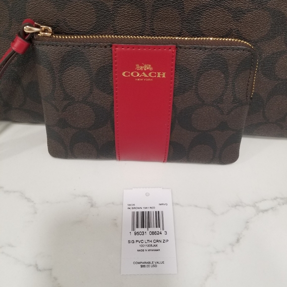 NWT! COACH BROWN/BLACK GALLERY TOTE AND CORNER ZIP WRISTLET WITH RED STRIPE - Picture 9 of 12